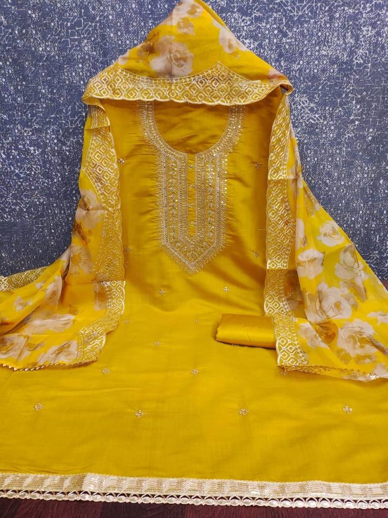 Women Yellow Embroidered Unstitched Dress Material