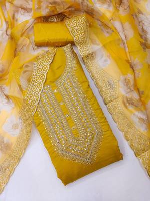 women yellow embroidered unstitched dress material 2