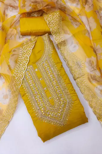 women yellow embroidered unstitched dress material