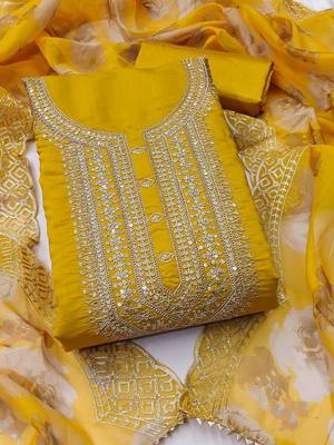 women yellow embroidered unstitched dress material 3