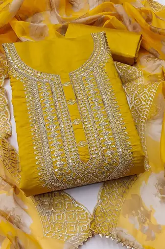 women yellow embroidered unstitched dress material