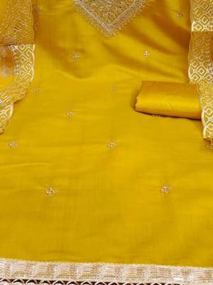 women yellow embroidered unstitched dress material 4