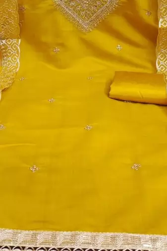 women yellow embroidered unstitched dress material