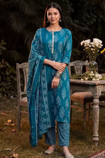 Blue printed linen kurta trouser dupatta set
