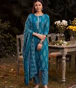 Blue printed linen kurta trouser dupatta set