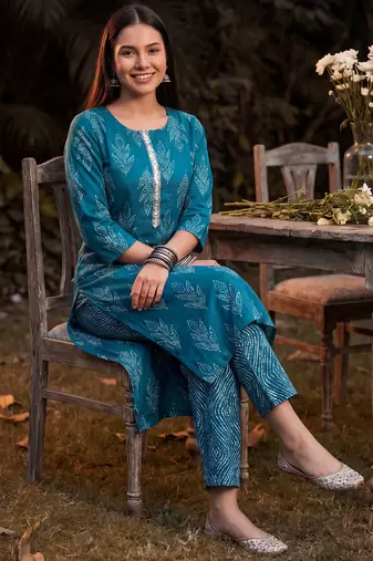 Blue printed linen kurta trouser dupatta set