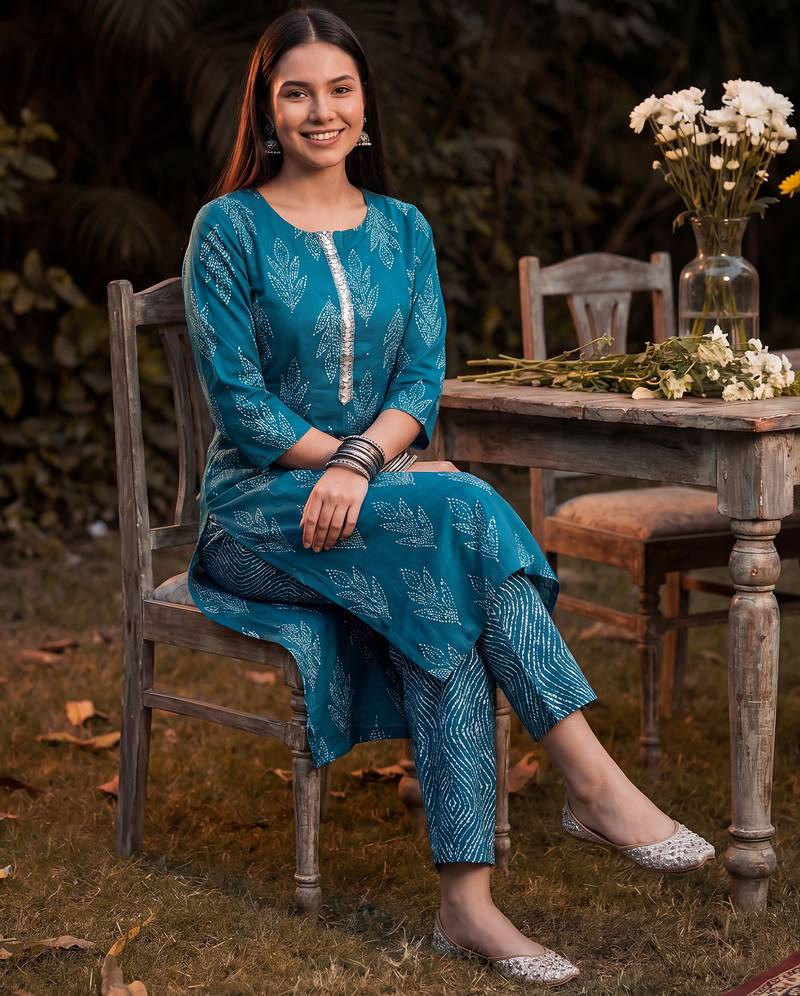 Blue printed linen kurta trouser dupatta set