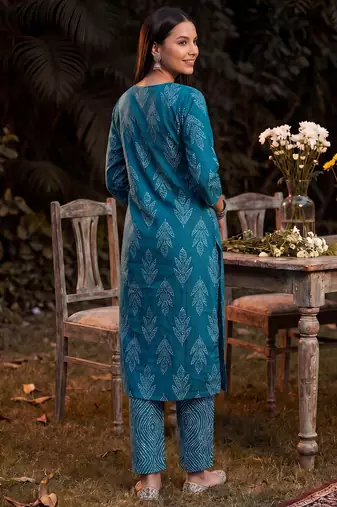 Blue printed linen kurta trouser dupatta set
