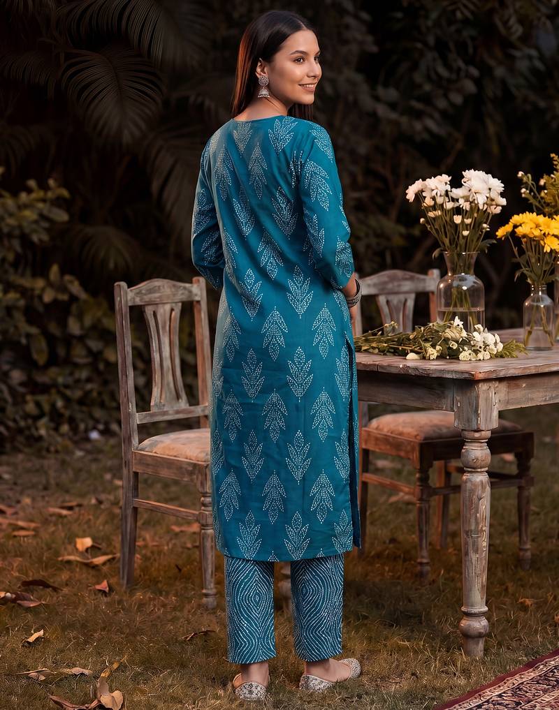Blue printed linen kurta trouser dupatta set