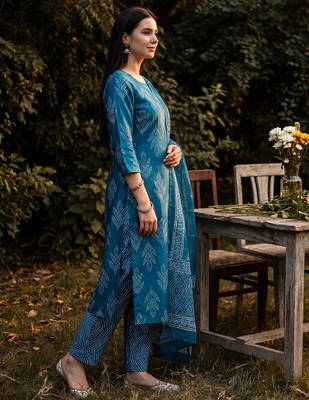 Blue printed linen kurta trouser dupatta set 4
