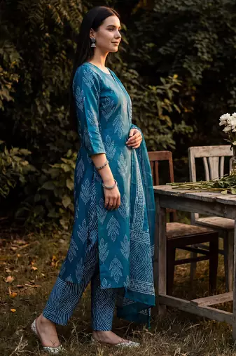 Blue printed linen kurta trouser dupatta set