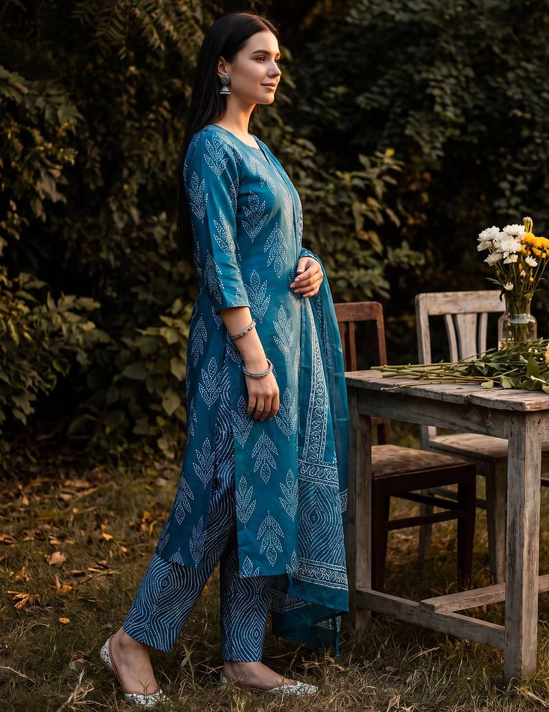 Blue printed linen kurta trouser dupatta set