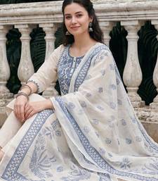 Off white embroidered pure cotton kurta trouser dupatta set