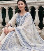 Off white embroidered pure cotton kurta trouser dupatta set