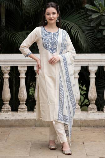 Off white embroidered pure cotton kurta trouser dupatta set