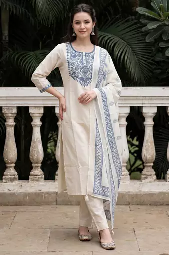 Off white embroidered pure cotton kurta trouser dupatta set