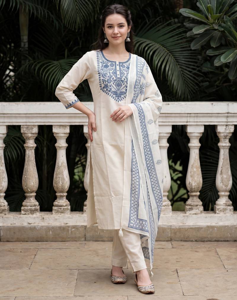 Off white embroidered pure cotton kurta trouser dupatta set