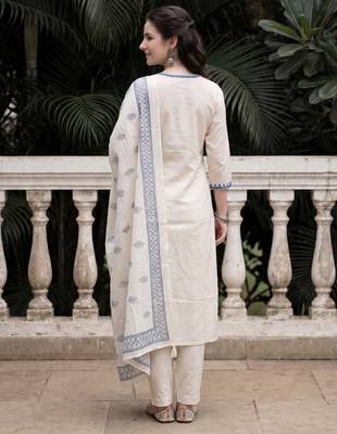 Off white embroidered pure cotton kurta trouser dupatta set 3