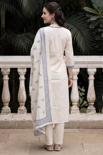 Off white embroidered pure cotton kurta trouser dupatta set