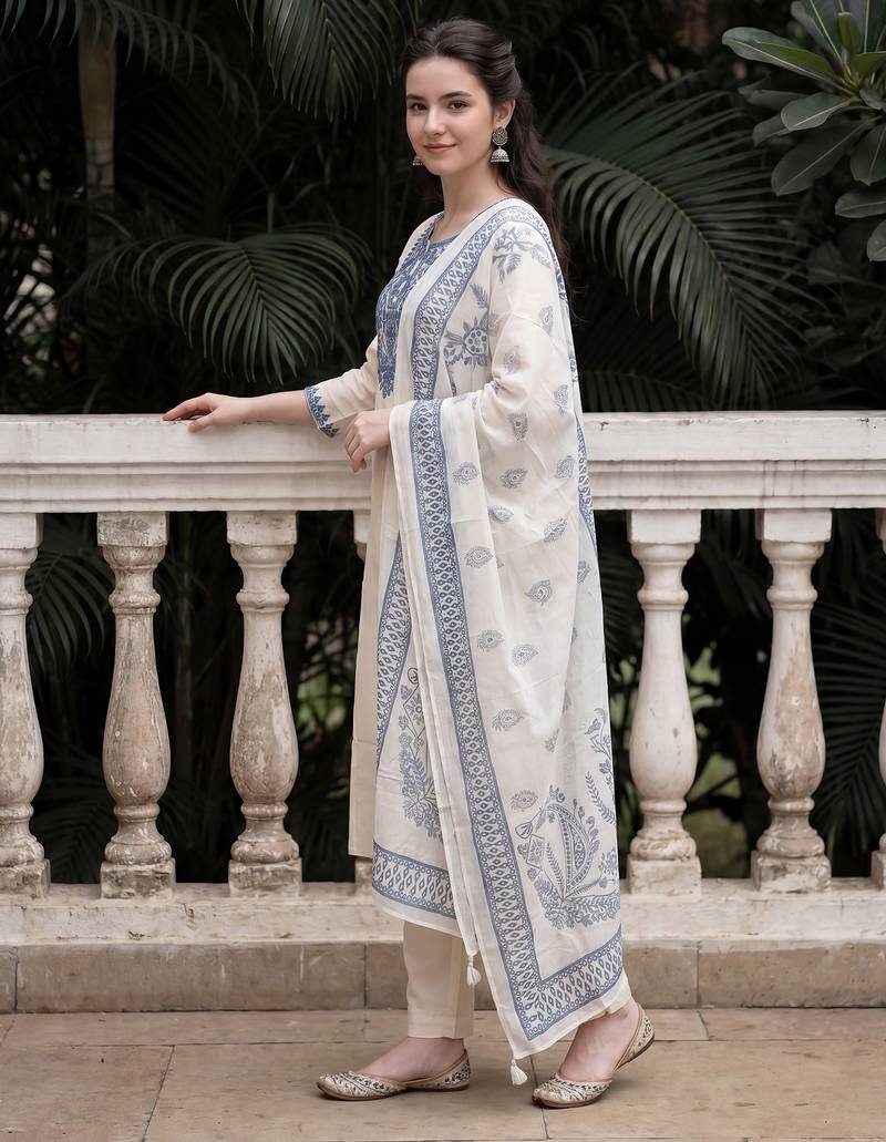 Off white embroidered pure cotton kurta trouser dupatta set