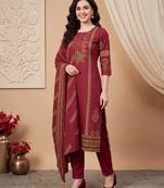 Maroon printed pure cotton kurta trouser dupatta set