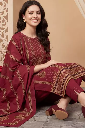 Maroon printed pure cotton kurta trouser dupatta set