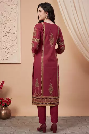 Maroon printed pure cotton kurta trouser dupatta set