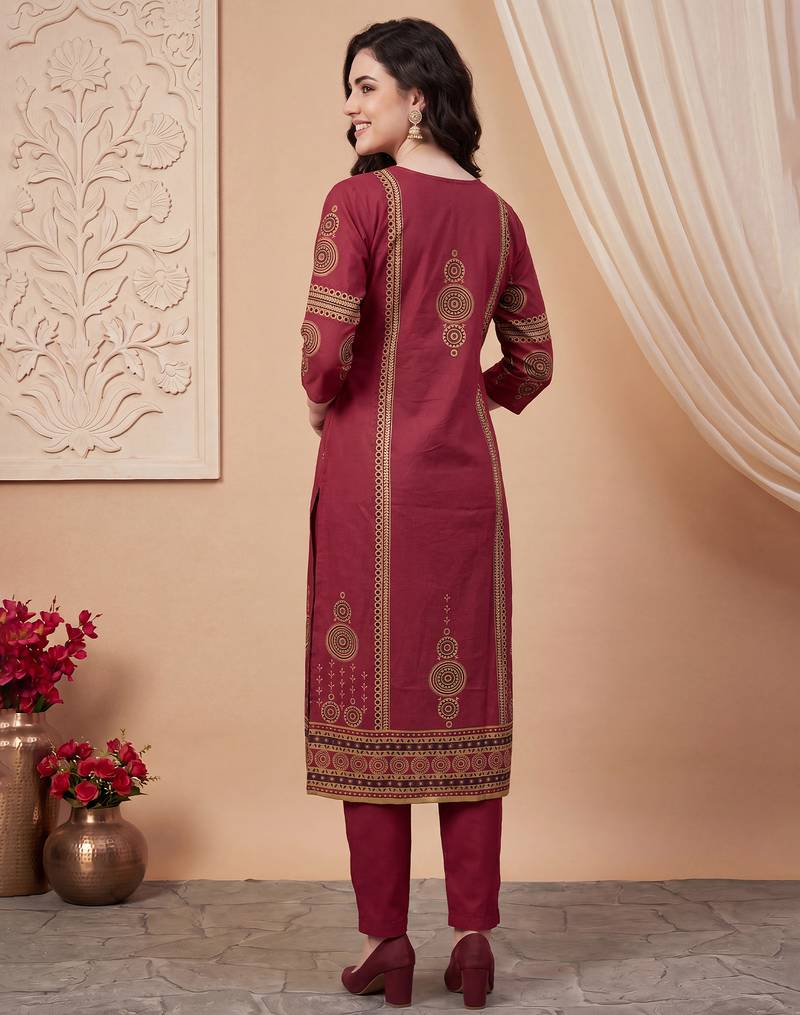 Maroon printed pure cotton kurta trouser dupatta set