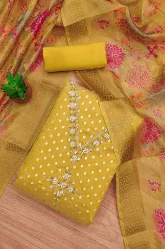floral woven design beads and stones unstitched dress material
