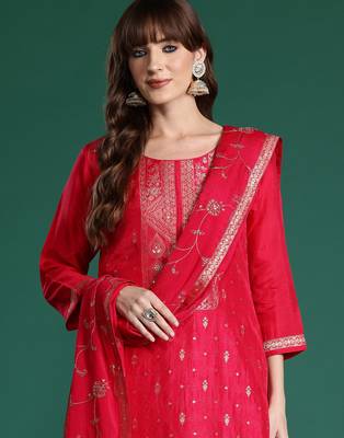 Pink woven design silk blend kurta trouser dupatta set 1