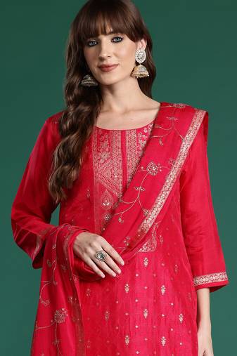 Pink woven design silk blend kurta trouser dupatta set