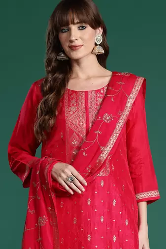 Pink woven design silk blend kurta trouser dupatta set
