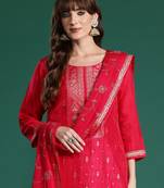 Pink woven design silk blend kurta trouser dupatta set