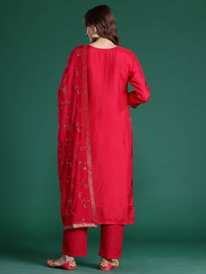 Pink woven design silk blend kurta trouser dupatta set 2
