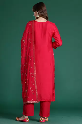 Pink woven design silk blend kurta trouser dupatta set