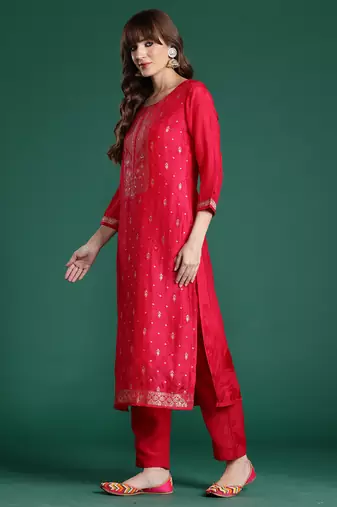 Pink woven design silk blend kurta trouser dupatta set
