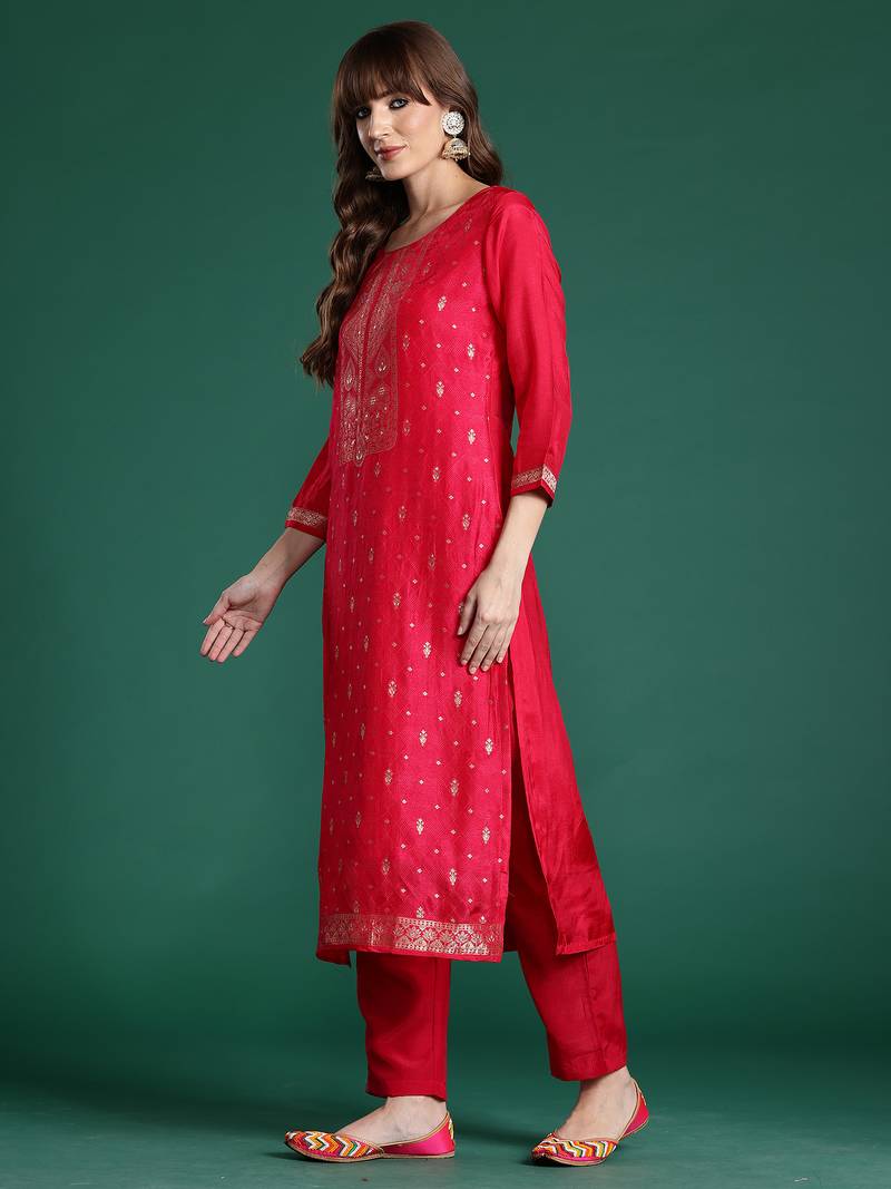 Pink woven design silk blend kurta trouser dupatta set