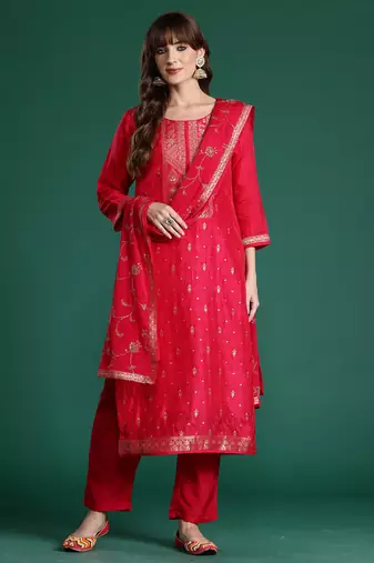 Pink woven design silk blend kurta trouser dupatta set
