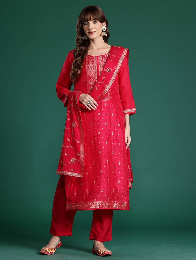 Pink woven design silk blend kurta trouser dupatta set
