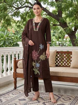 Brown embroidered pure cotton kurta trouser dupatta set 1