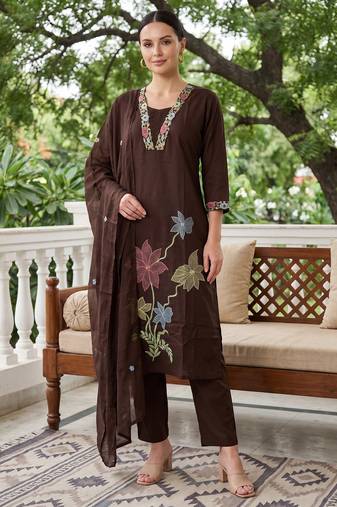 Brown embroidered pure cotton kurta trouser dupatta set