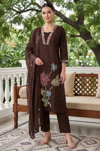 Brown embroidered pure cotton kurta trouser dupatta set