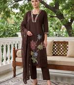 Brown embroidered pure cotton kurta trouser dupatta set