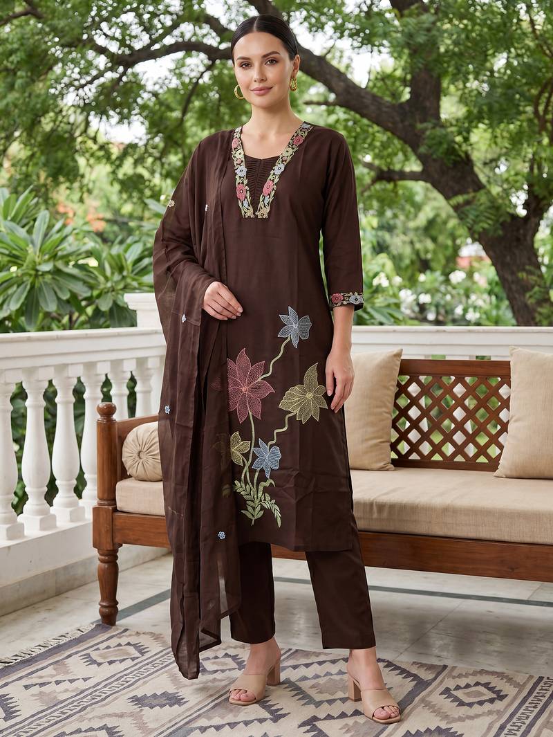 Brown embroidered pure cotton kurta trouser dupatta set