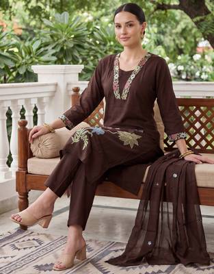 Brown embroidered pure cotton kurta trouser dupatta set 2