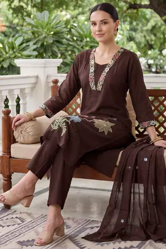 Brown embroidered pure cotton kurta trouser dupatta set