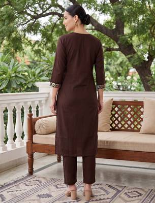 Brown embroidered pure cotton kurta trouser dupatta set 3