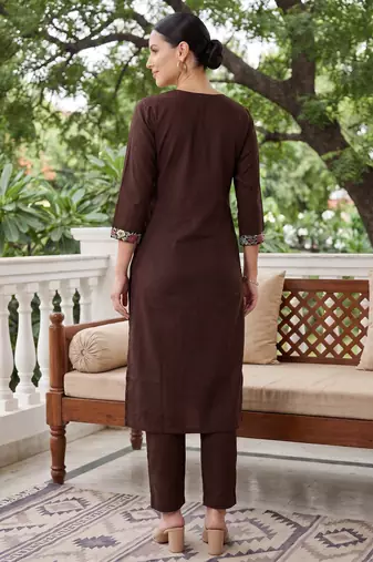 Brown embroidered pure cotton kurta trouser dupatta set