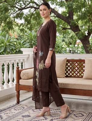 Brown embroidered pure cotton kurta trouser dupatta set 4
