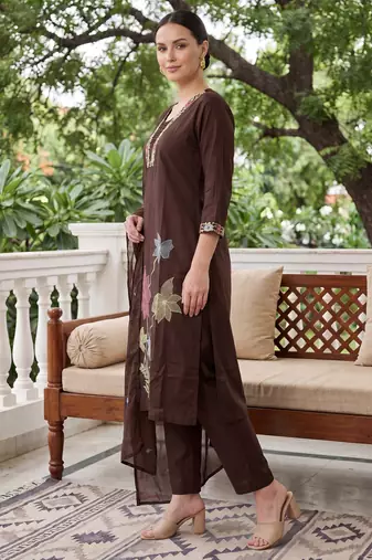 Brown embroidered pure cotton kurta trouser dupatta set